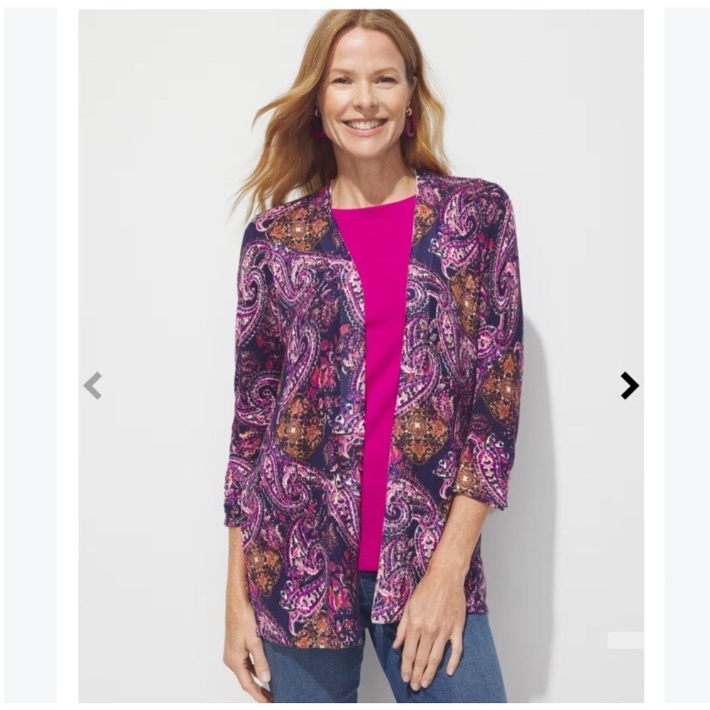 Chicos Womens Open Front Everyday Cardigan XL Navy Blue Paisley Layers Fall Boho
